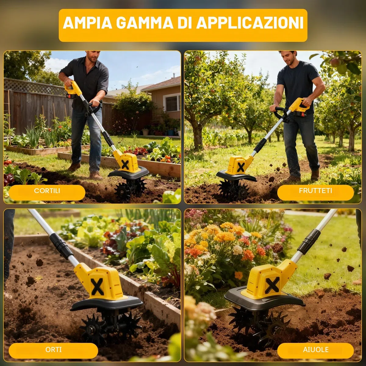 Motozappa a Batteria 21V: Zappatrice Elettrica Cordless 360 RPM con 2 Batterie 4.0Ah e Caricabatterie, Larghezza 23cm e Profondità 17cm, Fresa per Orto, Giardino e Terreni Induriti