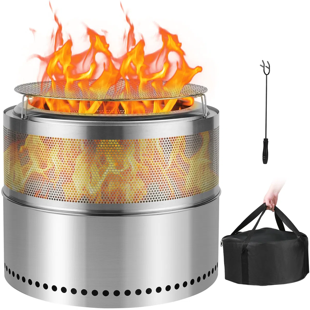 SMOOL Braciere senza fumo da 50 cm, braciere portatile per campeggio, braciere da esterno in acciaio inox, barbecue per patio e giardino, stufa a legna con padella per cenere rimovibile, borsa per il