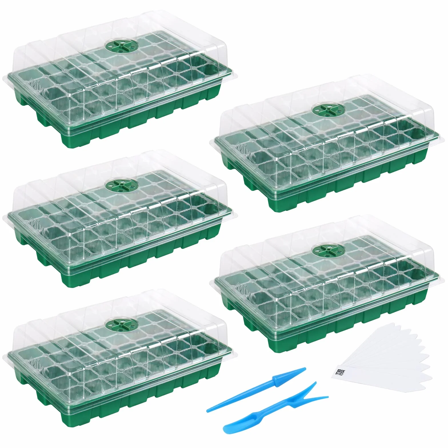 MIXC Semenzaio Vassoio Germinazione, 5 Pezzi 200 Celle Set di Mini Serra da Interno con Coperchio Ventilato Regolabile e Etichetta della Pianta per Semi e Piantine, Verde