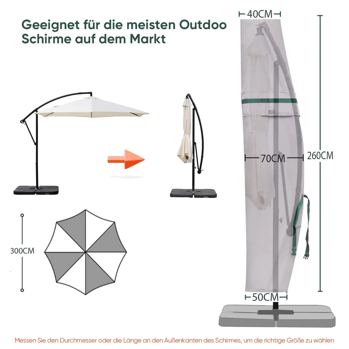 Sekey Copertura Protettiva per Ombrellone （Diametro 2-4m）,Copertura per Ombrellone da Giardino Impermeabile,100% Poliestere,Grigio chiaro,260 * 40/70/50CM