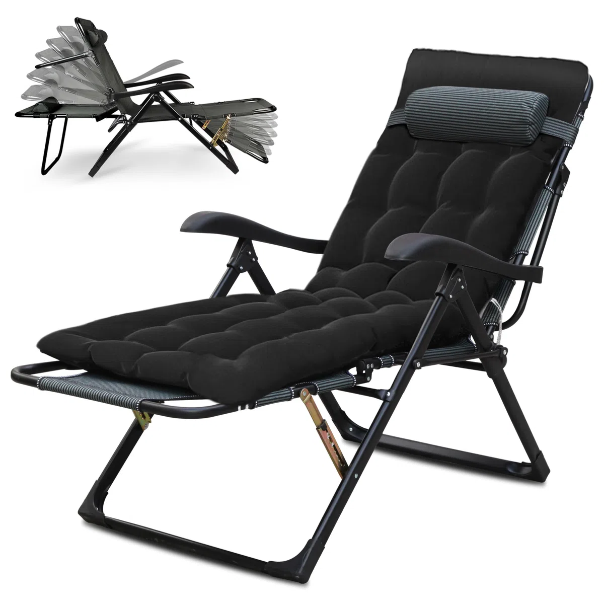 Sdraio da Giardino Pieghevole con Cuscino - Lettino Sedia a Sdraio Poltrona Relax Extra Large, 7 Schienali Regolabili, per Giardino Piscina Terrazza, Nero