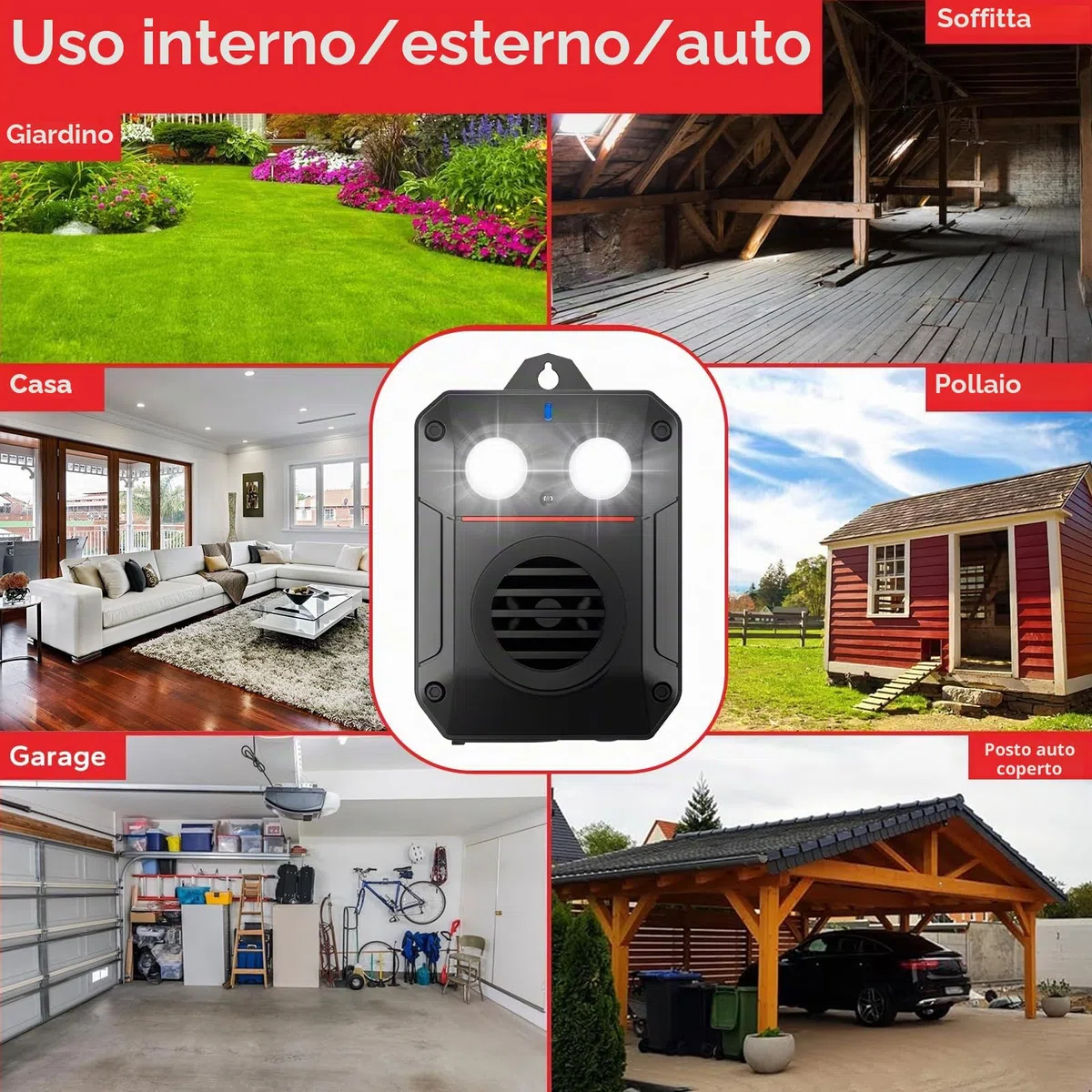 Ultrasuoni per Topi da Esterno Interno per Circa 200m², Repellente Topi & Martore con Luce Lampeggiante, Connessione USB o a Batteria, IP65 Dissuasore per Topi per Auto, Garage, Casa, Giardino