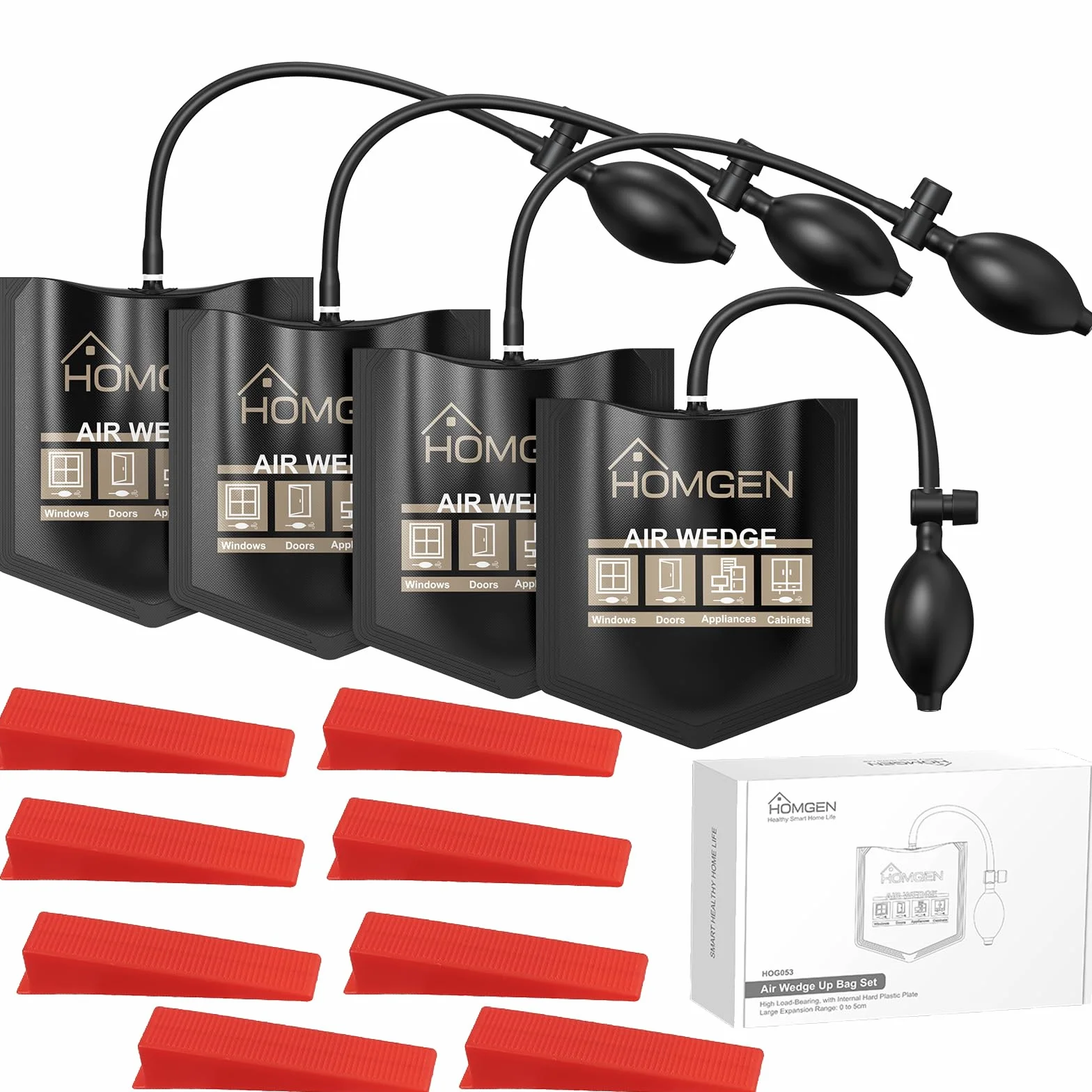 HOMGEN 4 Pezzi Pompa ad Aria per Finestre Max Carico 200kg Cuscinetti ad Aria per Sollevamento in TPU con 4 Cune Cuscini Gonfiabili ad Aria per Installazione Porte Finestre Spostare Mobili