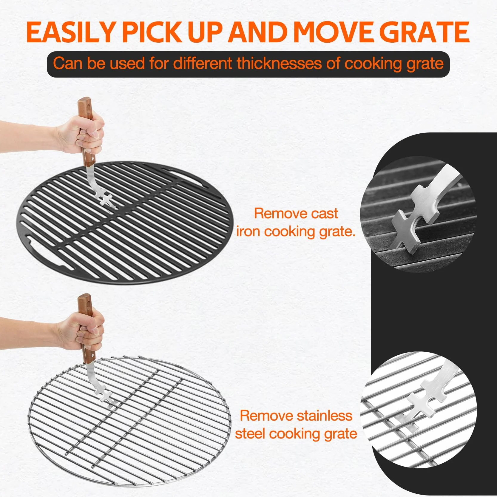 onlyfire 2 Pezzi Sollevatori per Griglia in Acciaio Inox con Maniglia in Legno di Acacia, Attrezzo per Sollevare Le Griglie del Barbecue per Maneggiare in Sicurezza Le Griglie Calde,Accessori per BBQ