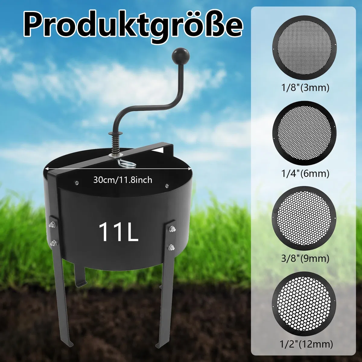 Colino da giardino a manovella in metallo, Ø 30 cm, con 4 setacci (3/6/9/12 mm), efficace filtro per terra, pietre, sabbia, compost, erbacce, colino intercambiabile per giardinaggio