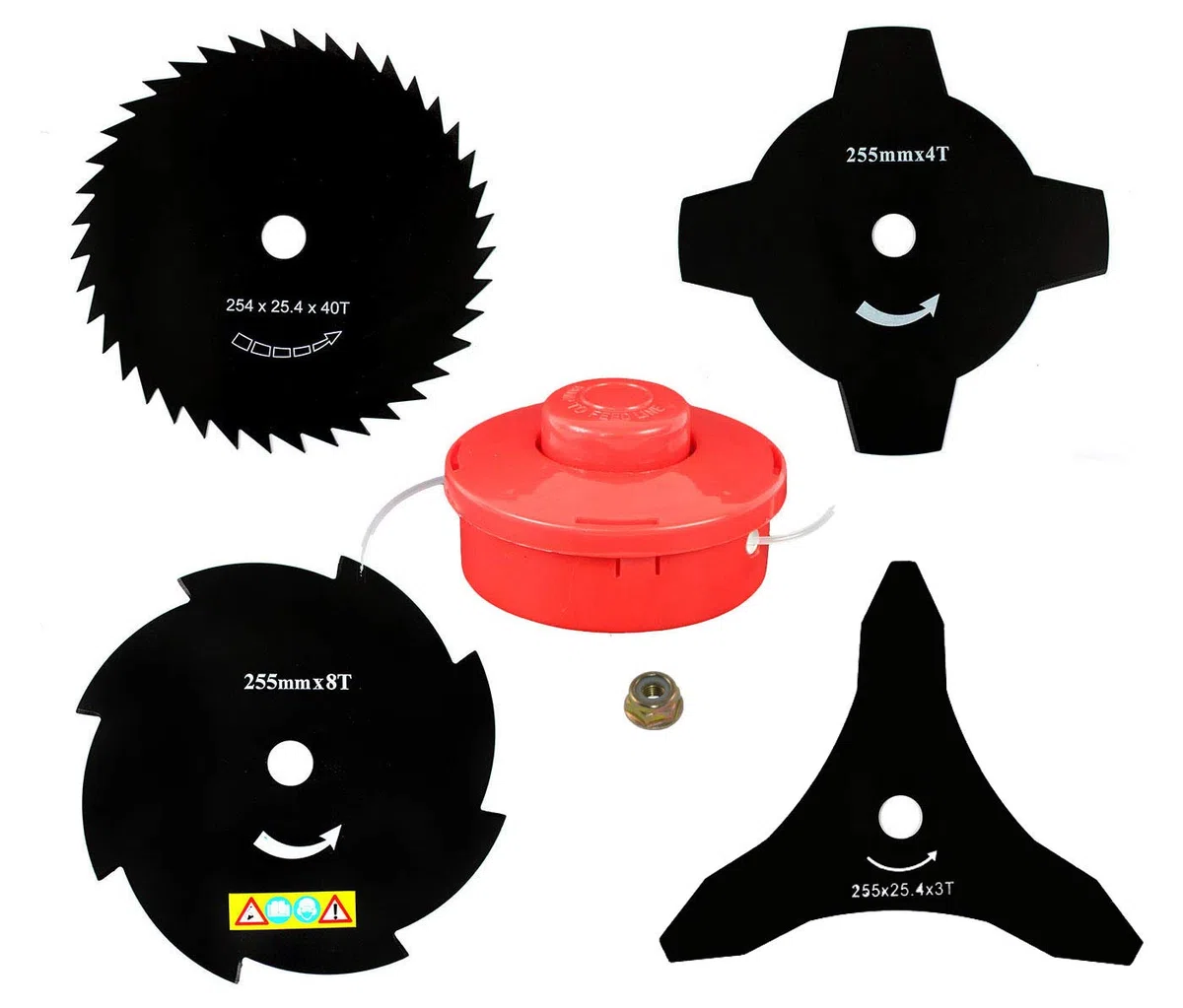 4 x lame affilate e bobina di filo e dado per decespugliatore Fuxtec FX-FSR152, FX-MT152, FX-PS152