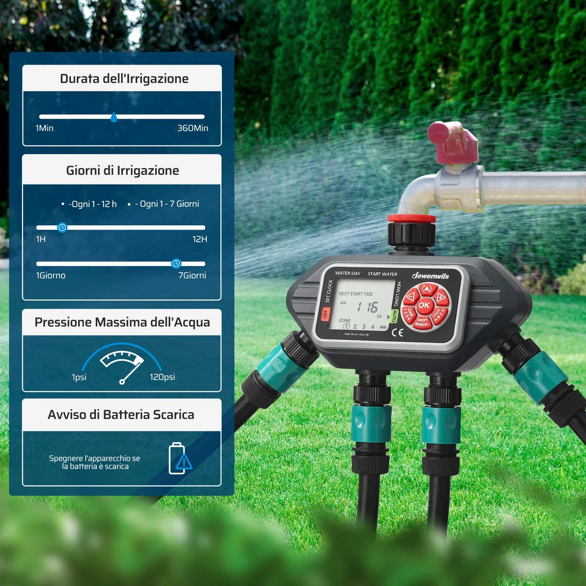 DEWENWILS Centralina irrigazione 4 vie, 4 Opzioni di Programmazione per vie, Timer Irrigazione Automatica, Ritardo della Pioggia/Modalità Manuale, Orologio da Giardino per Prati, Giardini