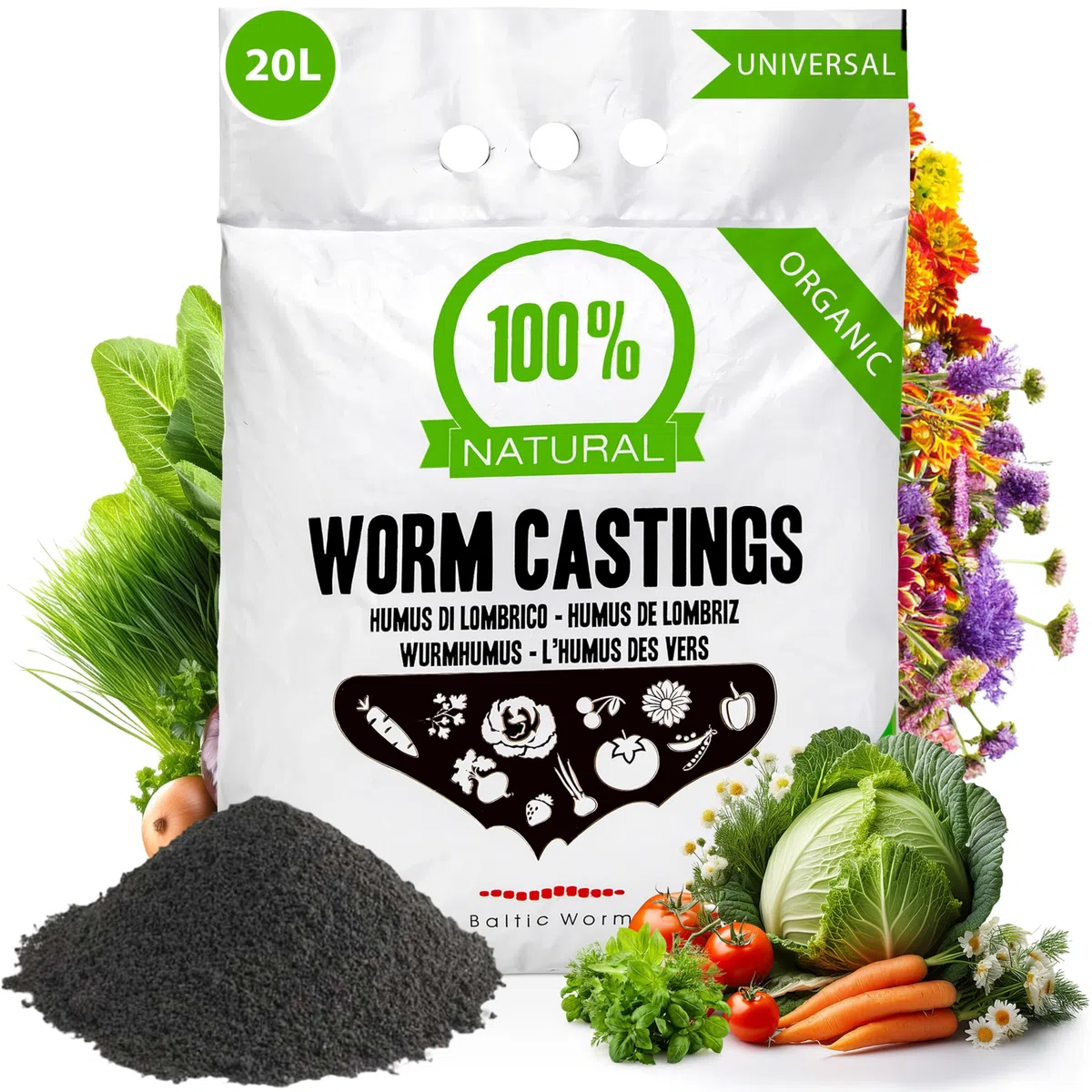 Humus di Lombrico - Vermicompost Fertilizzante Multiuso Organico Puro - Generatore di Terreno Naturale Superiore e Miglioratore di Nutrienti – Baltic Worm (4 x 5 Litro)