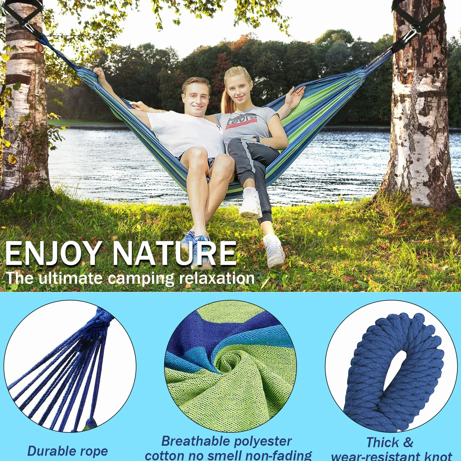 Amaca da Campeggio in Tela 300x150 cm, Capacità di Carico di 270 kg, Traspirante, Durevole Amaca Portatile con Borsa, 2 Moschettoni Premium, 2 Cintura di nylon, Per Esterno Giardino Spiaggia