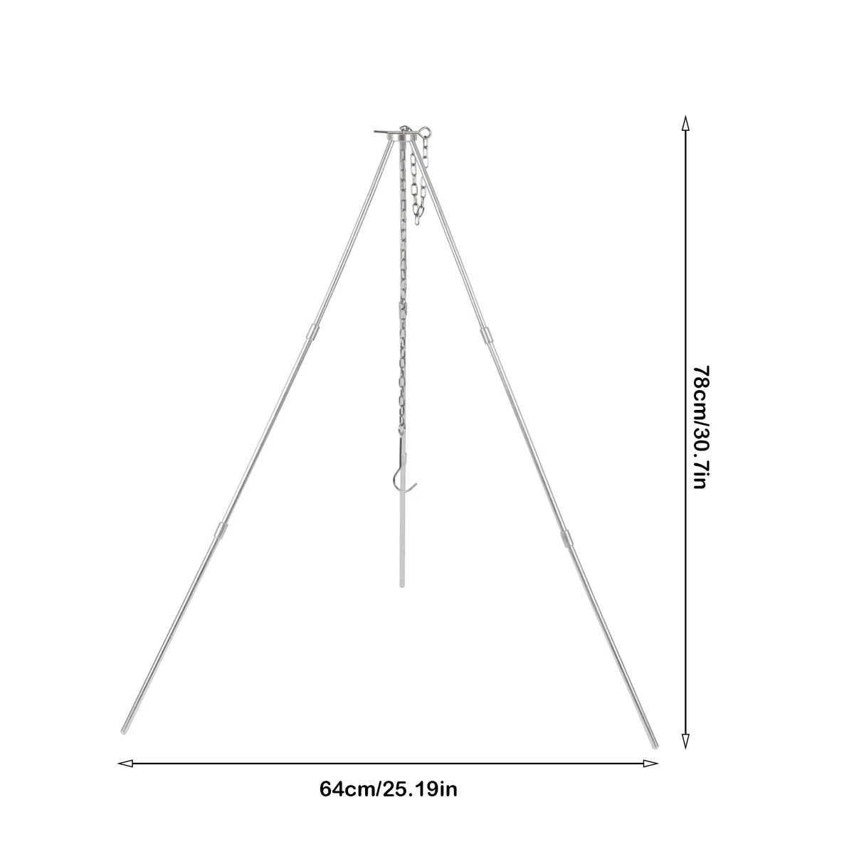 Treppiede per barbecue, telaio telescopico a tre zampe, per cucinare all'aperto, set di treppiedi pieghevole per falò, griglia per campeggio, barbecue sospeso, campeggio con catena e gancio