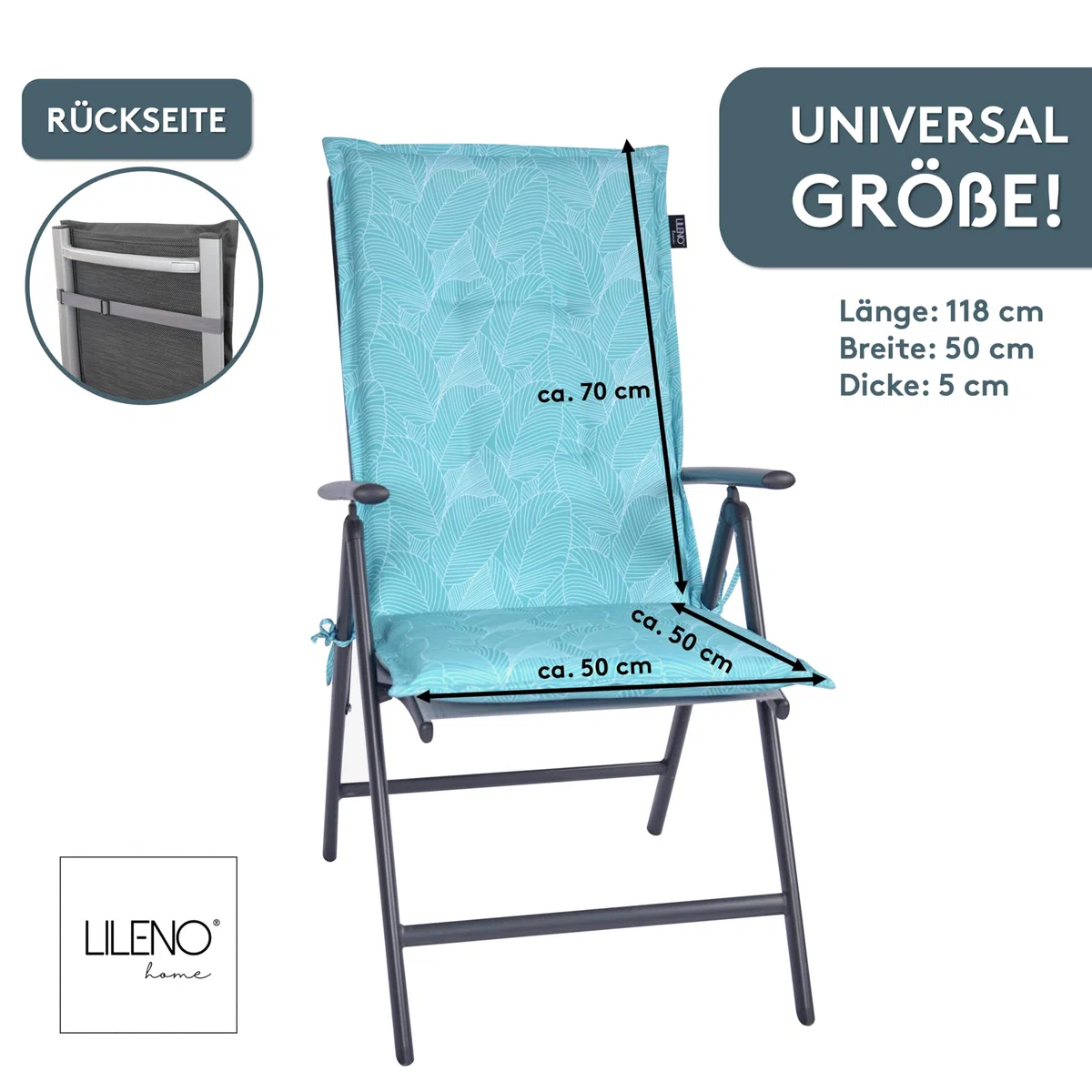 LILENO HOME Cuscini per sedia da giardino [set da 1 – sedia con schienale alto] in foglie Aqua – comodi cuscini per sedie da giardino – cuscini per sedie da giardino e sedie pieghevoli