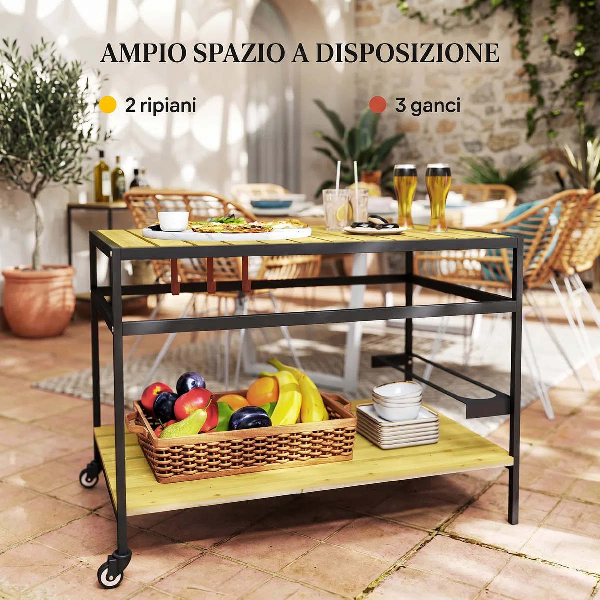 Outsunny Carrello Portavivande da Giardino in Legno di Abete con Ruote, Carrello di Servizio con 2 Ripiani a Doghe, 3 Ganci e Maniglia, 107x65x80 cm Color Legno