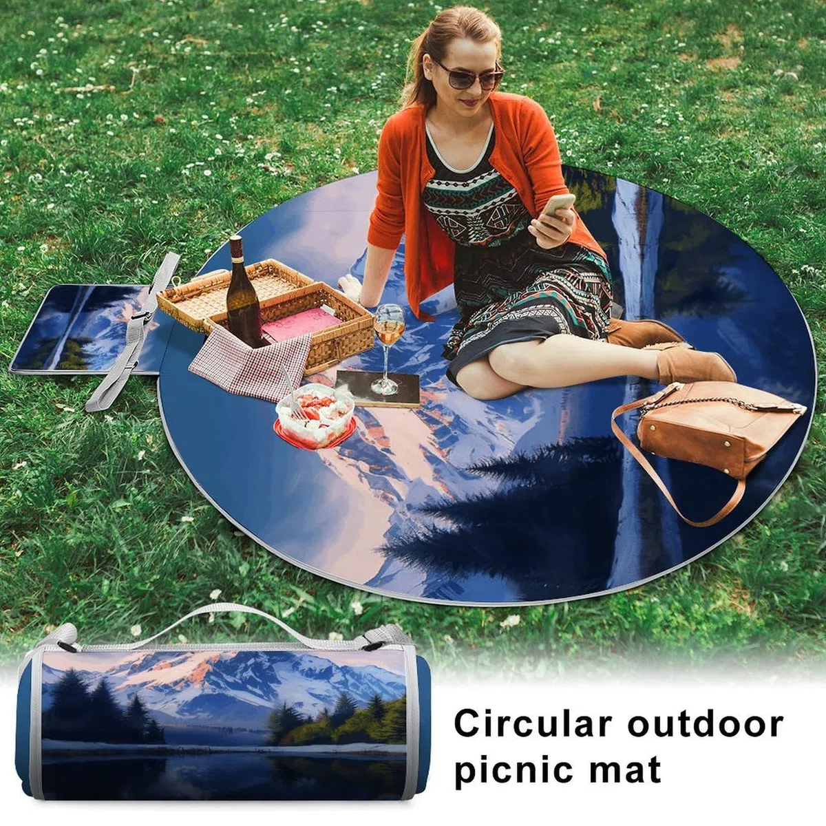Coperta da picnic con neve e montagna, rotonda, pieghevole, leggera, coperta da spiaggia, impermeabile, coperta per attività all'aperto per primavera, estate, campeggio, parco, erba da