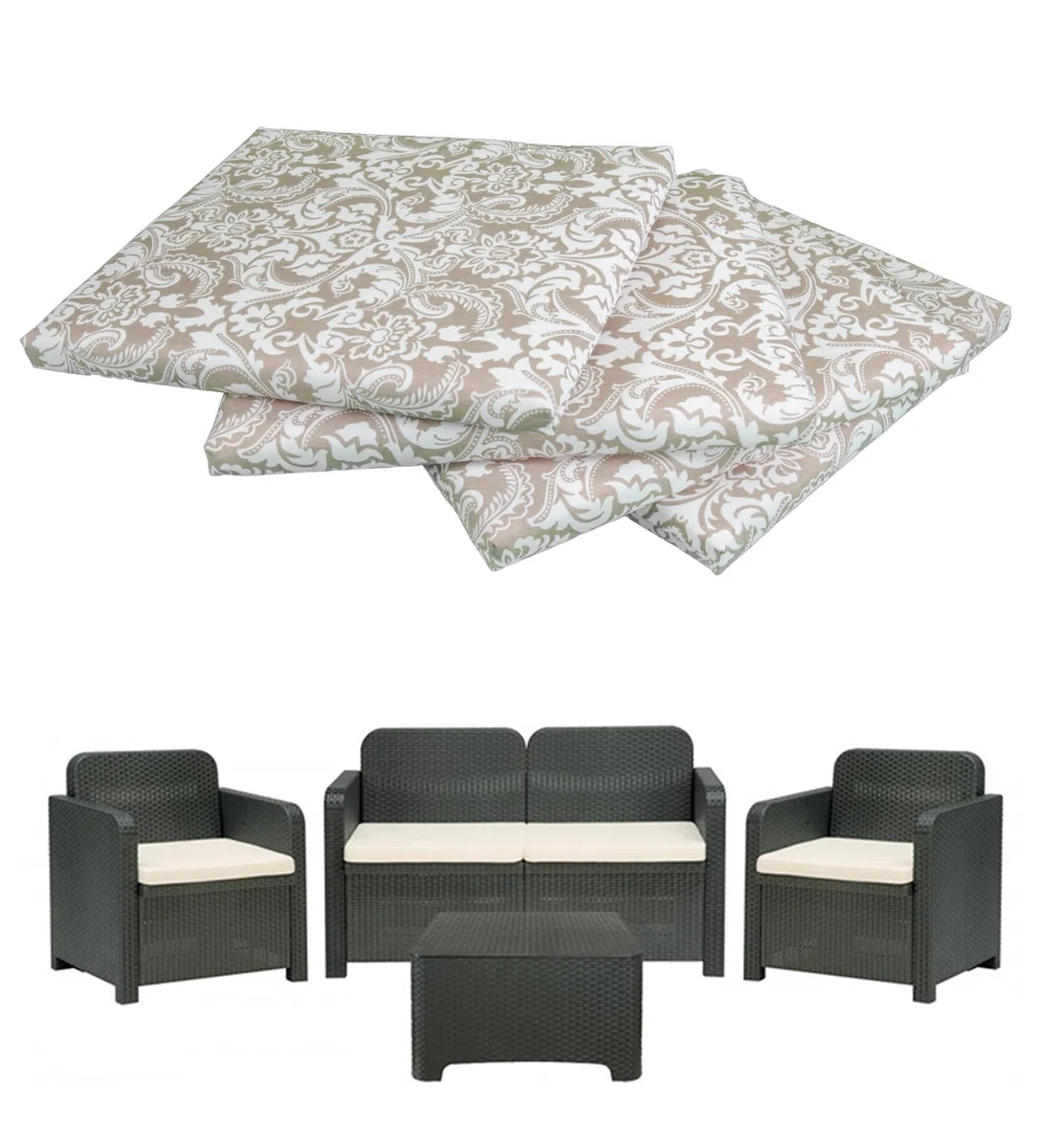 GHIOCUSCINI | Set di 4 Cuscini da Esterno per Salottino in Rattan, Fantasia DAMASCO, Tessuto Cotone/Poliestere, Sfoderabile, 58 x 51 cm, Alto 5 cm, Made in Italy