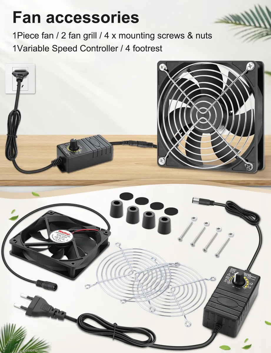 Wathai Ventilatore piccolo da 120 mm x 25 mm, IP67, 12 V, con spina AC, regolatore di velocità 220 V, 230 V, 240 V, per scatola Biltong, tenda da terra, terrario, acquario, serra