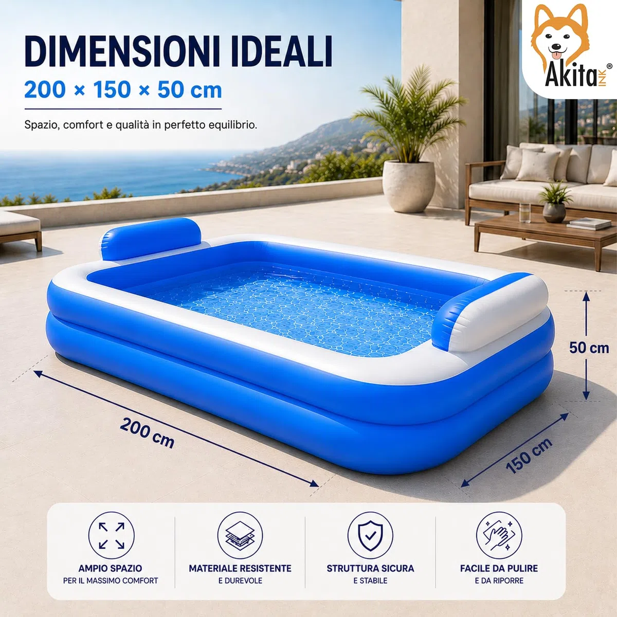 Akitaink Piscina Gonfiabile Rettangolare 200x150x50 cm con Cuscini e Fondo Gonfiabile in PVC Azzurro/Bianco per Bambini dai 3 Anni in Su