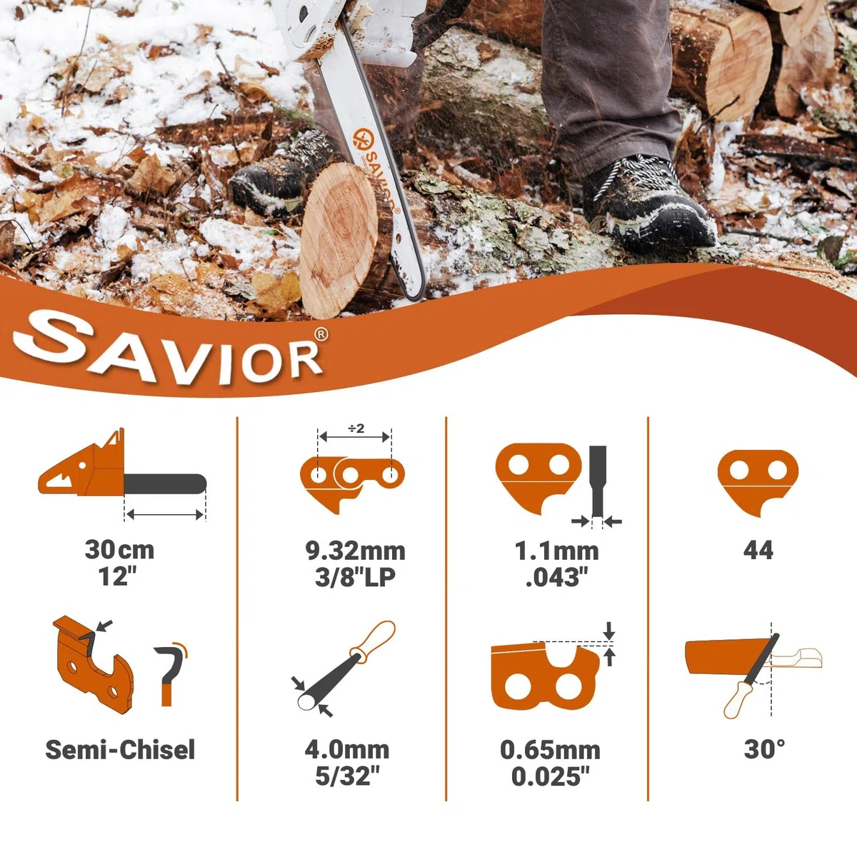 Savior 3 x Catene per Motosega Adatte a Barre da 30 cm 1.1 mm 3/8"LP 44 Maglie, compatibili con MS170 MSE170C MS192T MS194T, 3610 000 0044