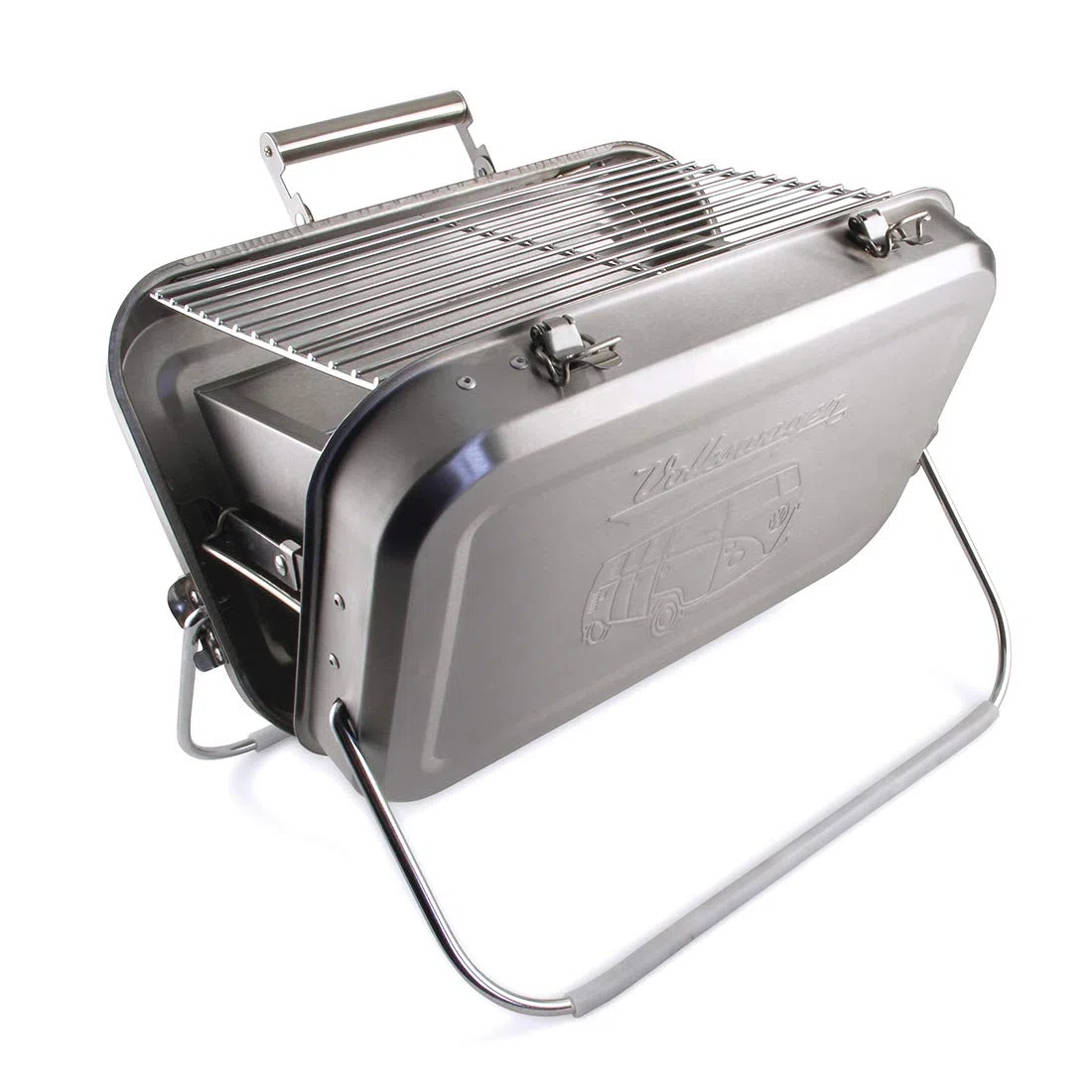 BRISA VW Collection - Volkswagen Barbecue portatile a valigia con griglia, vaschetta di raccolta della carbonella e maniglia di trasporto in acciaio inox Campervan T1 Bus design (Silhouette/Argento)