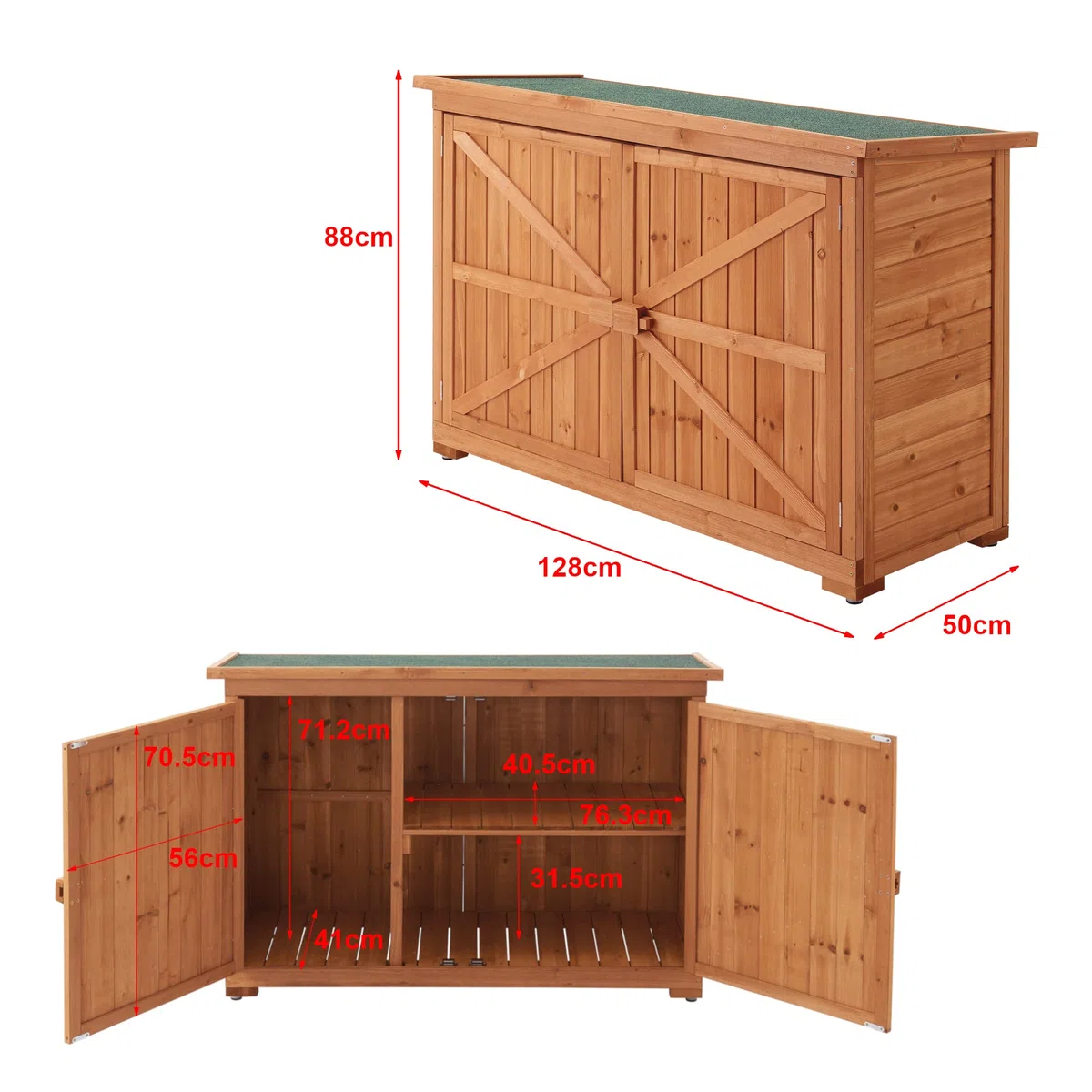 [en.casa] Armadio da Giardino (AxLAxP) 88 x 128 x 50 cm Mobile da Esterno per Immagazzinaggio con 2 Ante - Struttura in Legno - Tettuccio Antipioggia