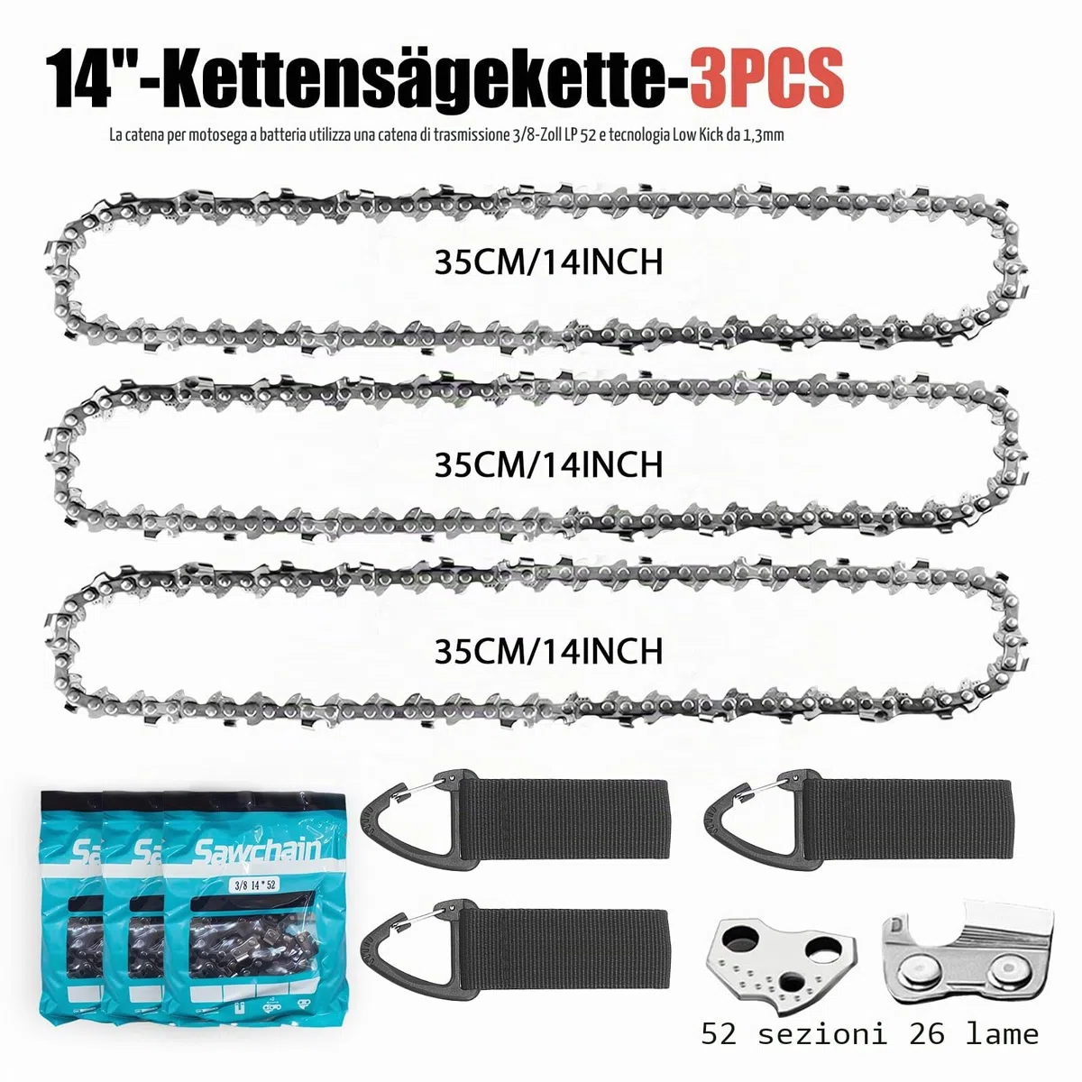 3 x catena motosega 35 cm, 3/8" LP 52 maglie calibro 1,3 mm – catena di ricambio antirimbalzo per guida da 14 pollici, compatibile con Husqvarna Dolmar Einhell Makita Hitachi Oregon