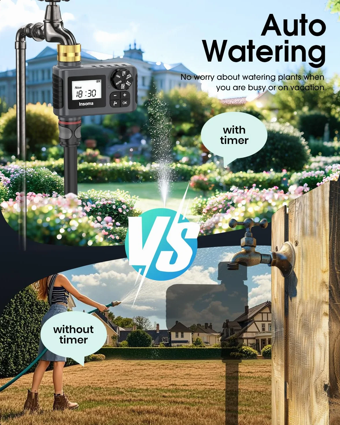 Timer dell'acqua per tubo da giardino esterno, timer per tubo flessibile con ritardo della pioggia/modalità manuale, sistema di controllo automatico per irrigazione a goccia per irrigazione da