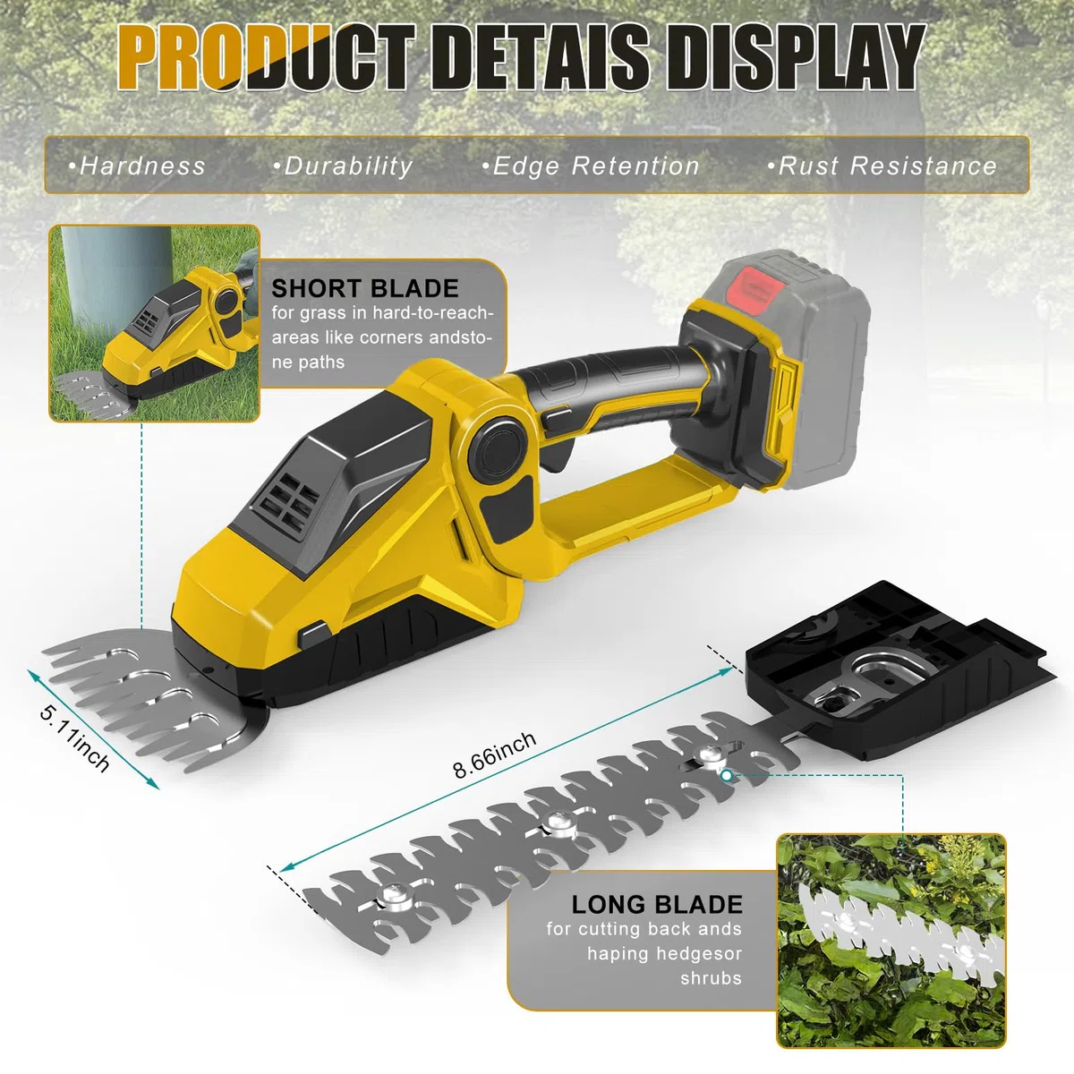 Tagliasiepi a Batteria compatibile con Dewalt 20V 18V, Tosasiepi Taglia Siepi, Giardino Arbusti Siepi, Cesoia per Erba, Elettrico Tagliasiepi con Lame Rifilasiepi e Erba (Non include la batteria)