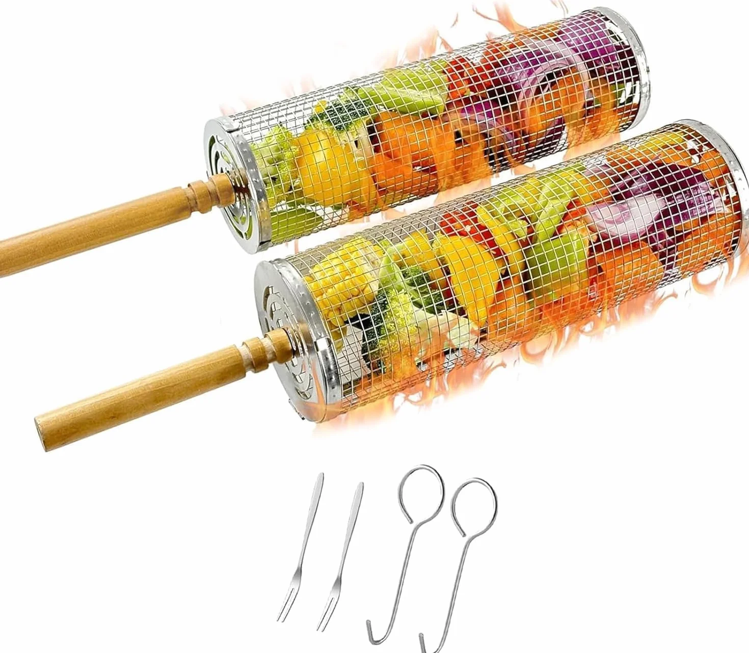 Set 2 Cestelli per Griglia Impilabile Rotanti, Manici in Legno Rimovibili, Acciaio Inossidabile 304, Ideali per Gamberetti, Pesce e Carne, Verdure, Antiruggine, Regalo Perfetto per BBQ