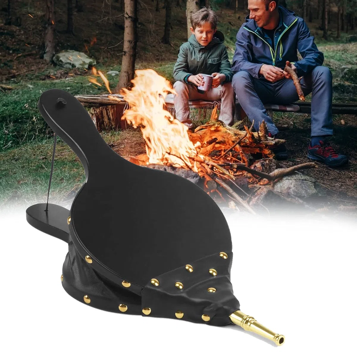 Mantice per Camino 40 cm, Grande Soffietto in Legno per Camini e Grill Soffiatore ad Aria Manuale Wooden Fire Naturale per Camino Campeggio Barbecue con Cinturino