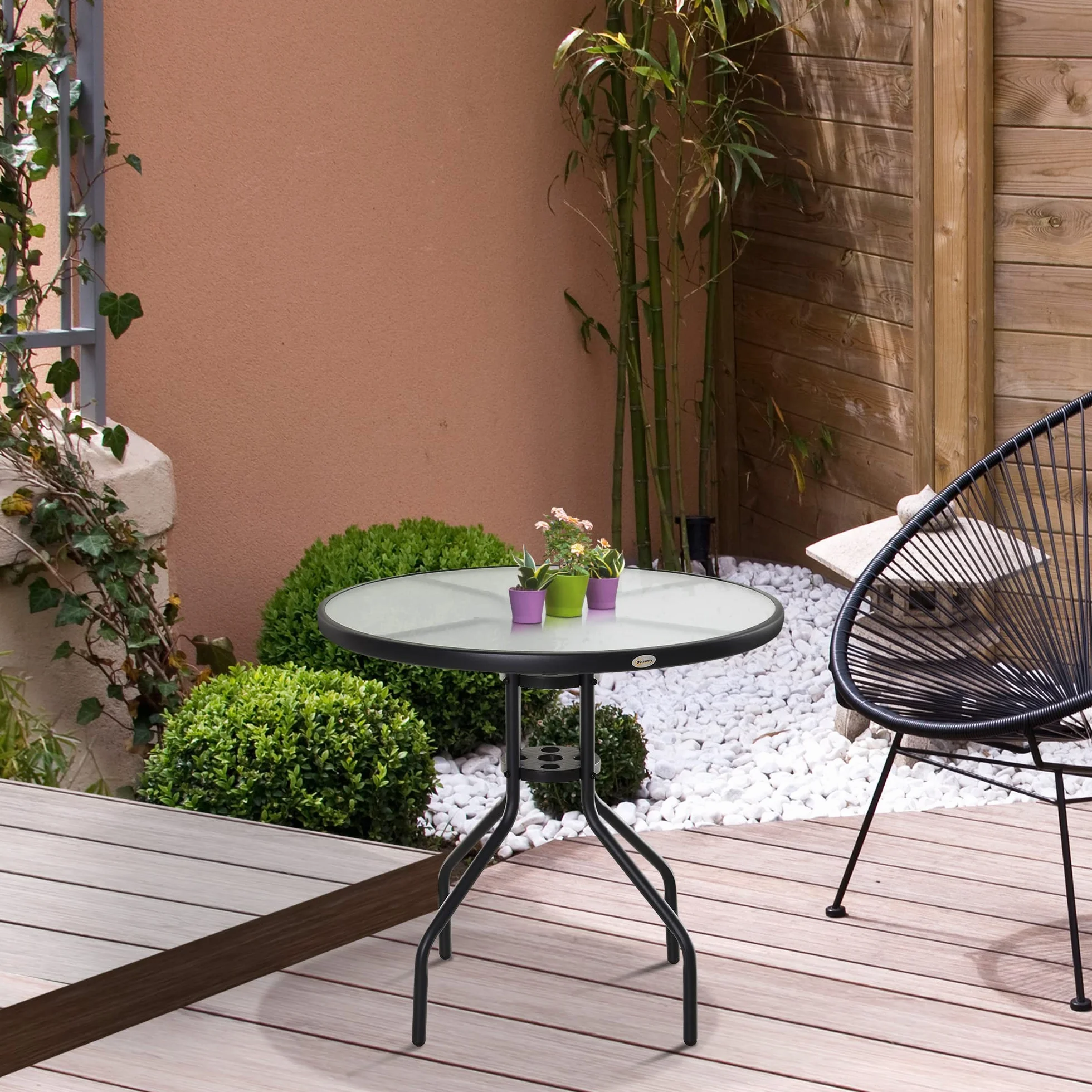 Outsunny Tavolino da Giardino con Piano in Vetro Temperato e Foro per Ombrellone Acciaio Ф80 x 72 cm Nero