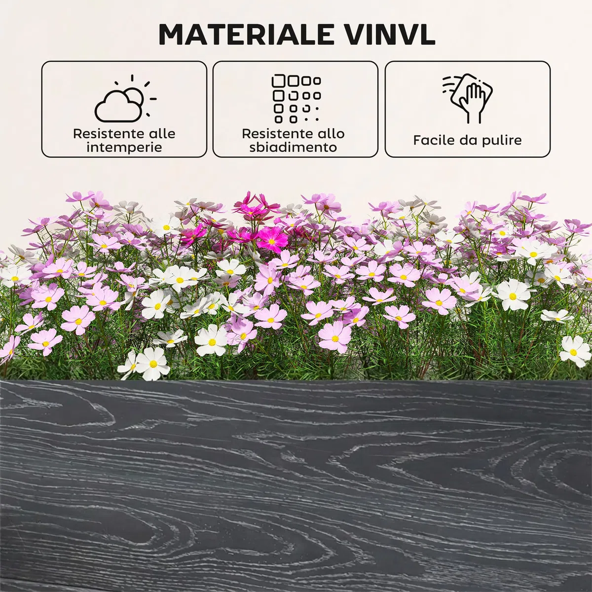 Outsunny Letto Rialzato da Giardino in Vinile, 102x102x33 cm, Kit Modulare con Gambe ad Incastro e Fondo Aperto, Fioriera Orto Rialzato da Esterno per Fiori, Erbe e Verdure, Grigio Scuro