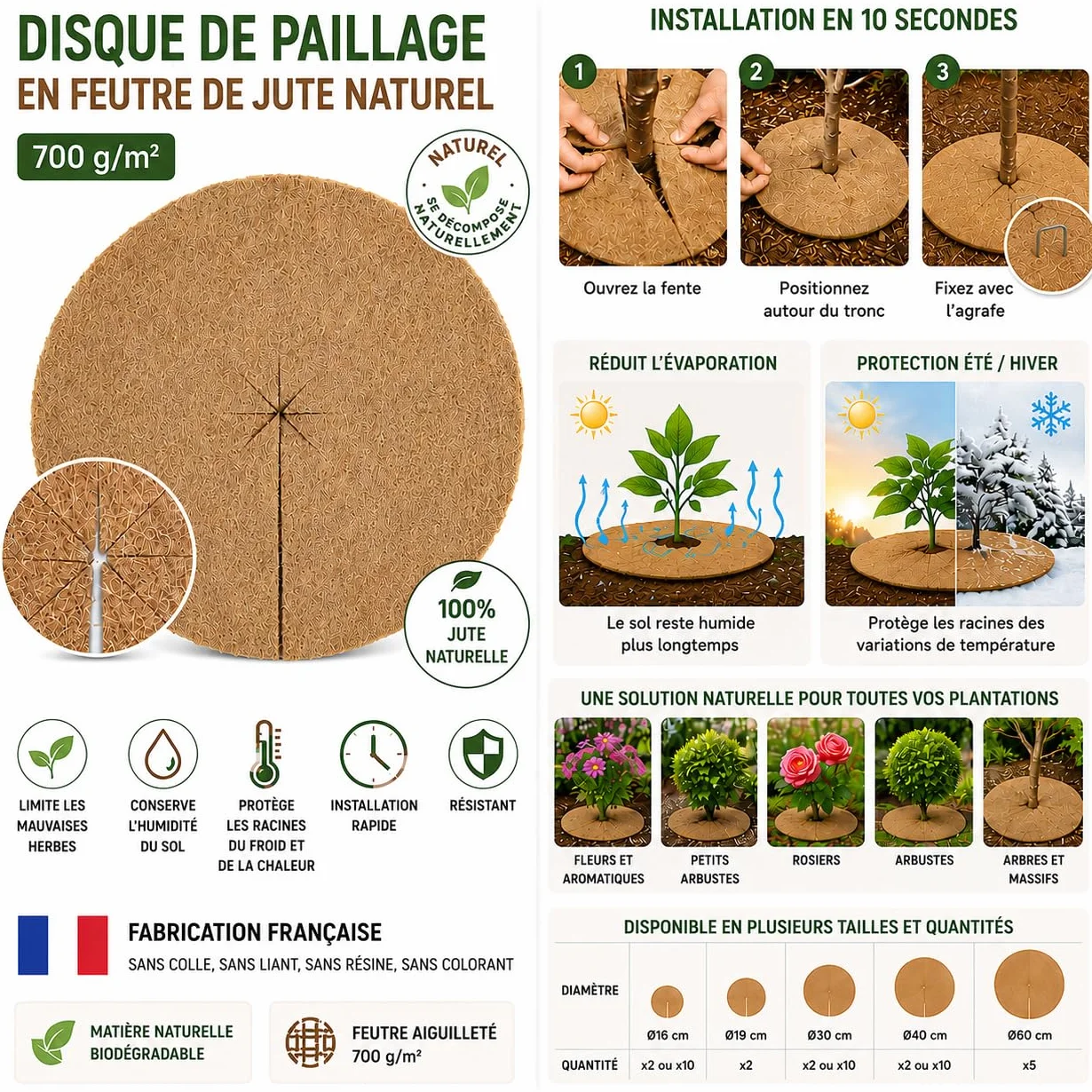 La cordeline - Dischi di pacciamatura, in Feltro di Iuta, 700 g/m², 30 cm CJN10E-L10 Naturale