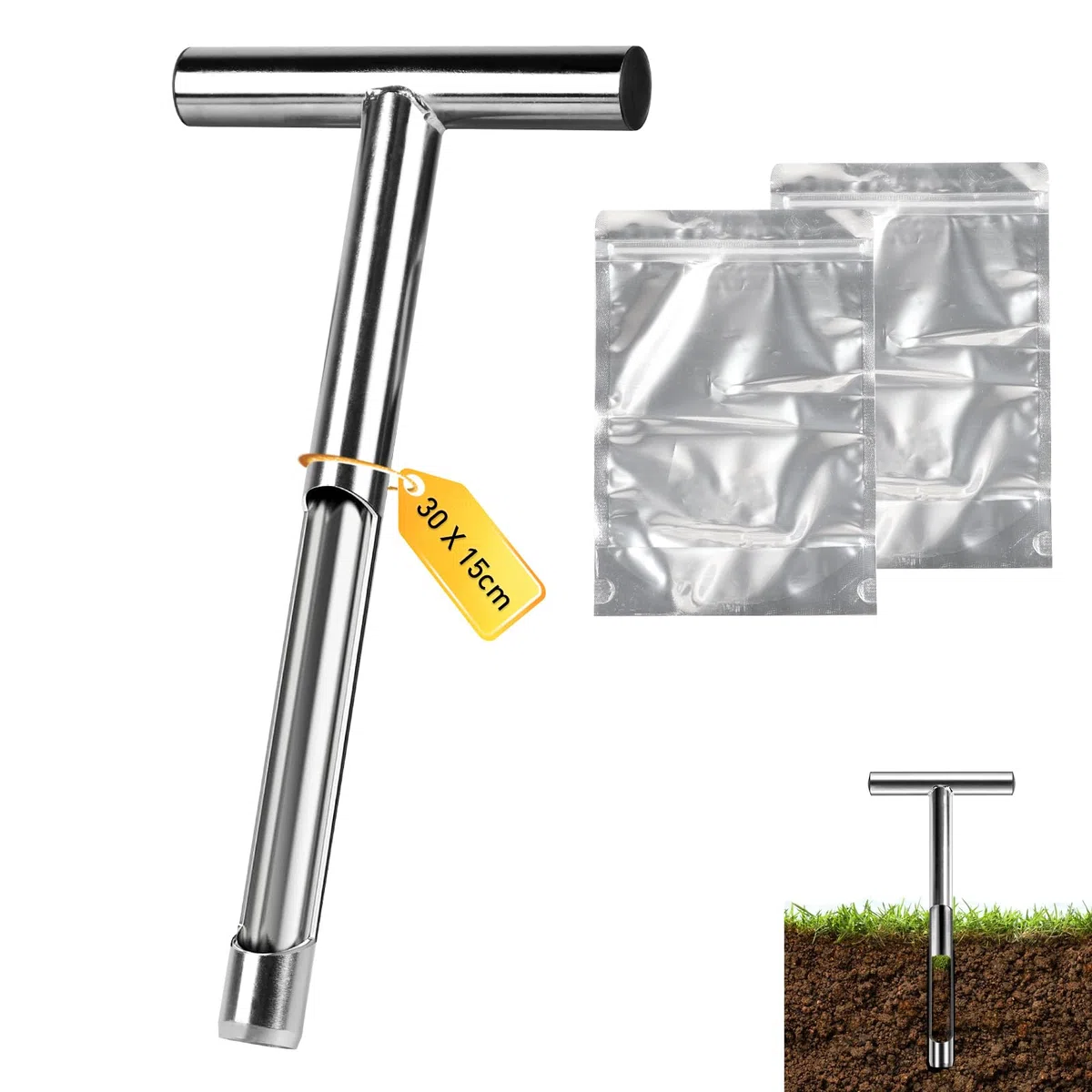 Sonda per terreno 30 cm in acciaio inox 2.5 mm - Prelievo a T con 2 sacchetti riutilizzabili per giardino, fattoria, prato