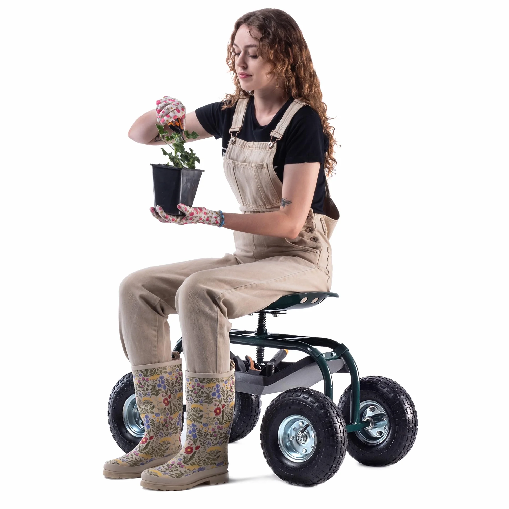 KADAX Sedia da giardino con ruote per giardinaggio, carrello da giardino con pratico ripiano, sedile da giardino mobile, sgabello da giardino con ruote (verde - nero)