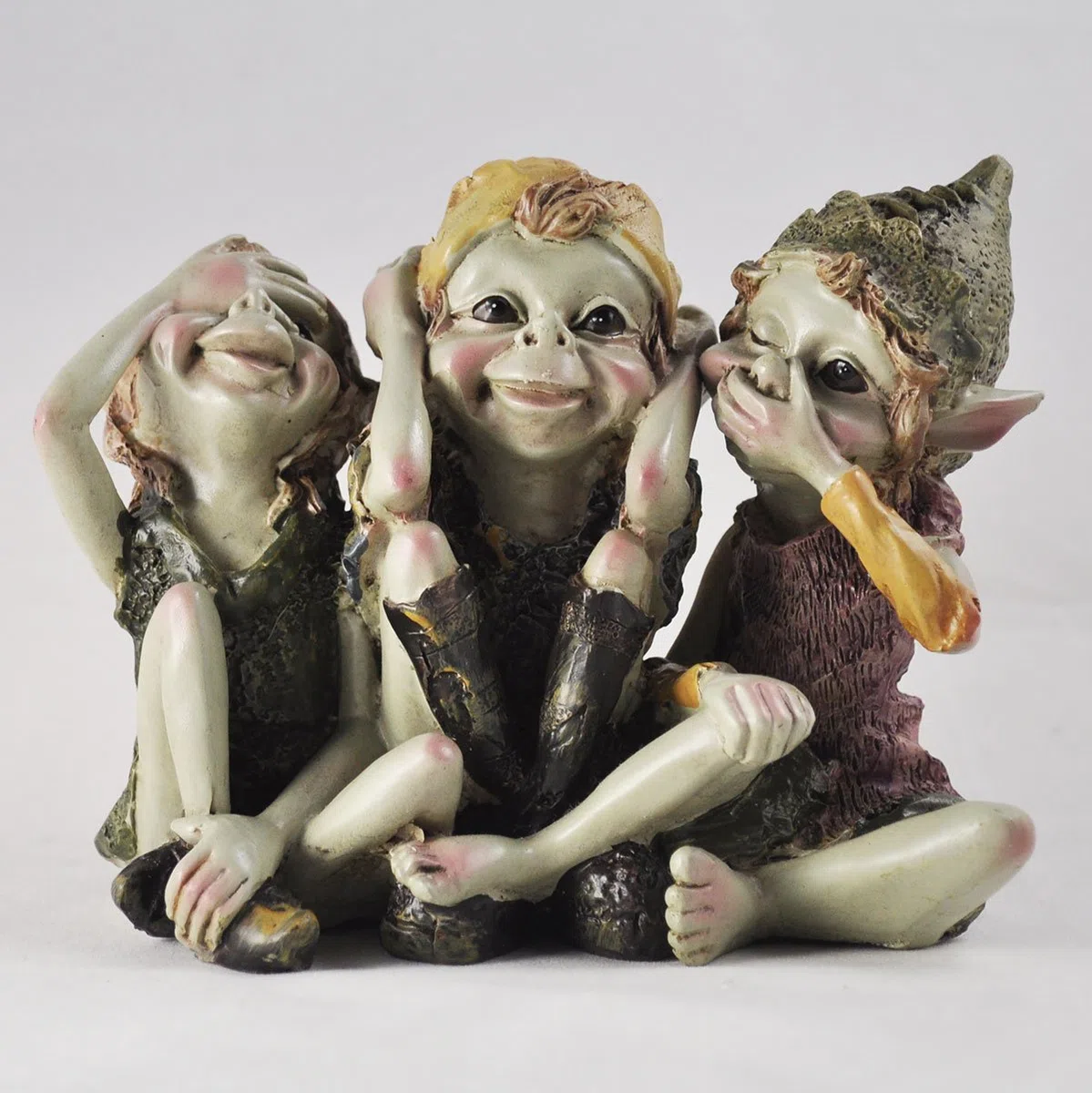 Pixie Hear, See, Speak No Evil - Green Garden Home Decor - Fun Quirky Gift Figurine - Anthony Fisher by Fiesta Studios