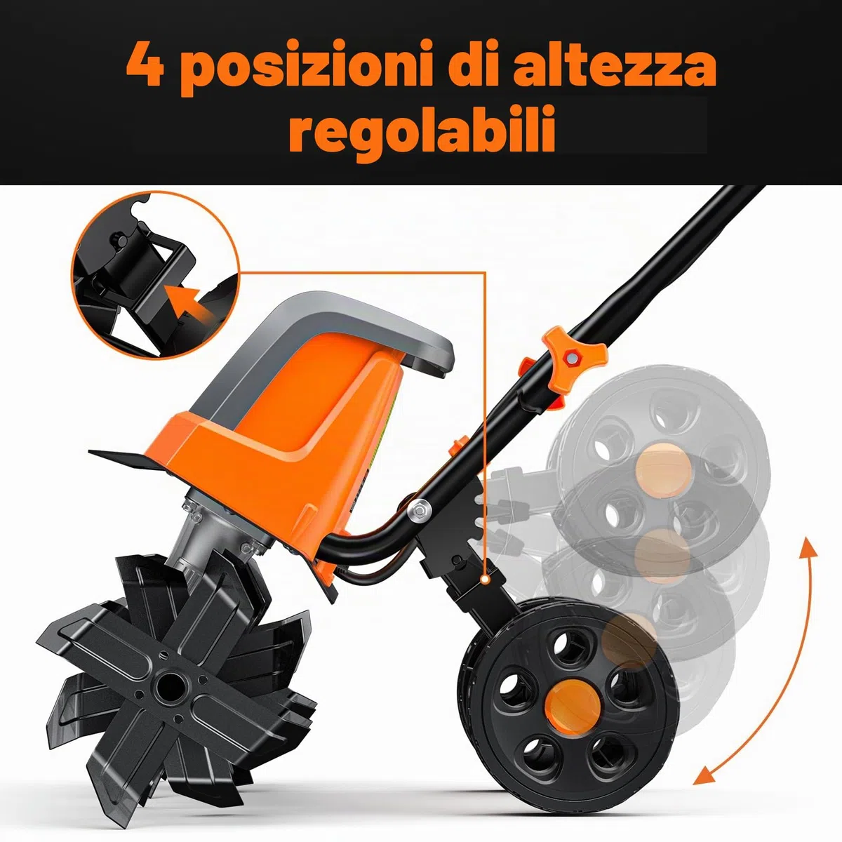 DOVAMAN Motozappa Elettrica 1800W, 46 cm Larghezza di Lavoro, 20 cm Profondità, 6 Lame in metallo, Ruote Regolabili a 4 Posizioni, Manico Pieghevole-T03