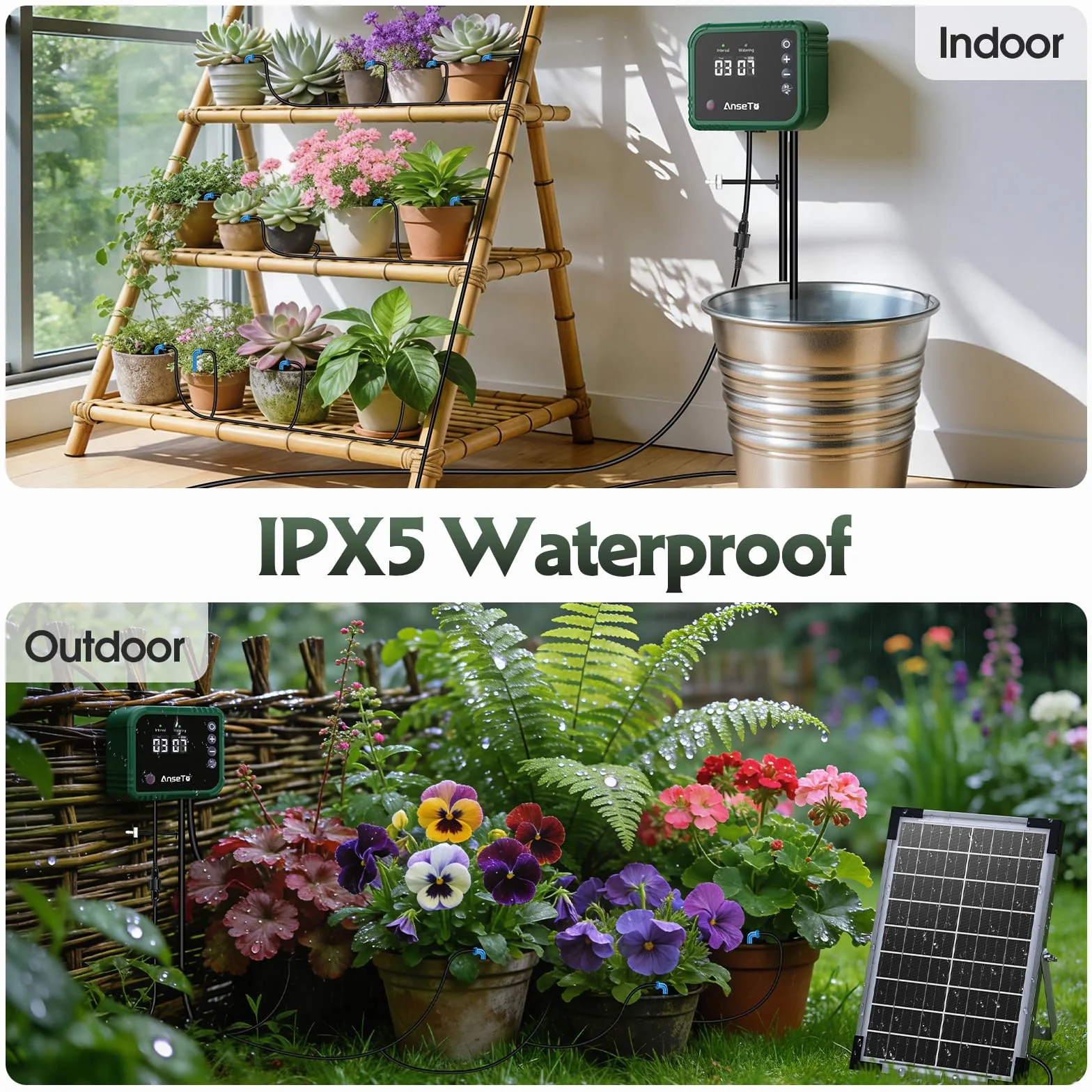 Kit per Sistema di Irrigazione Solare 8W per Giardino/Balcone/Serra | Controller Intelligente Regolabile con 30 Gocciolatori per Irrigazione Automatica di Orti, Serre, Aiuole e Piante in Vaso