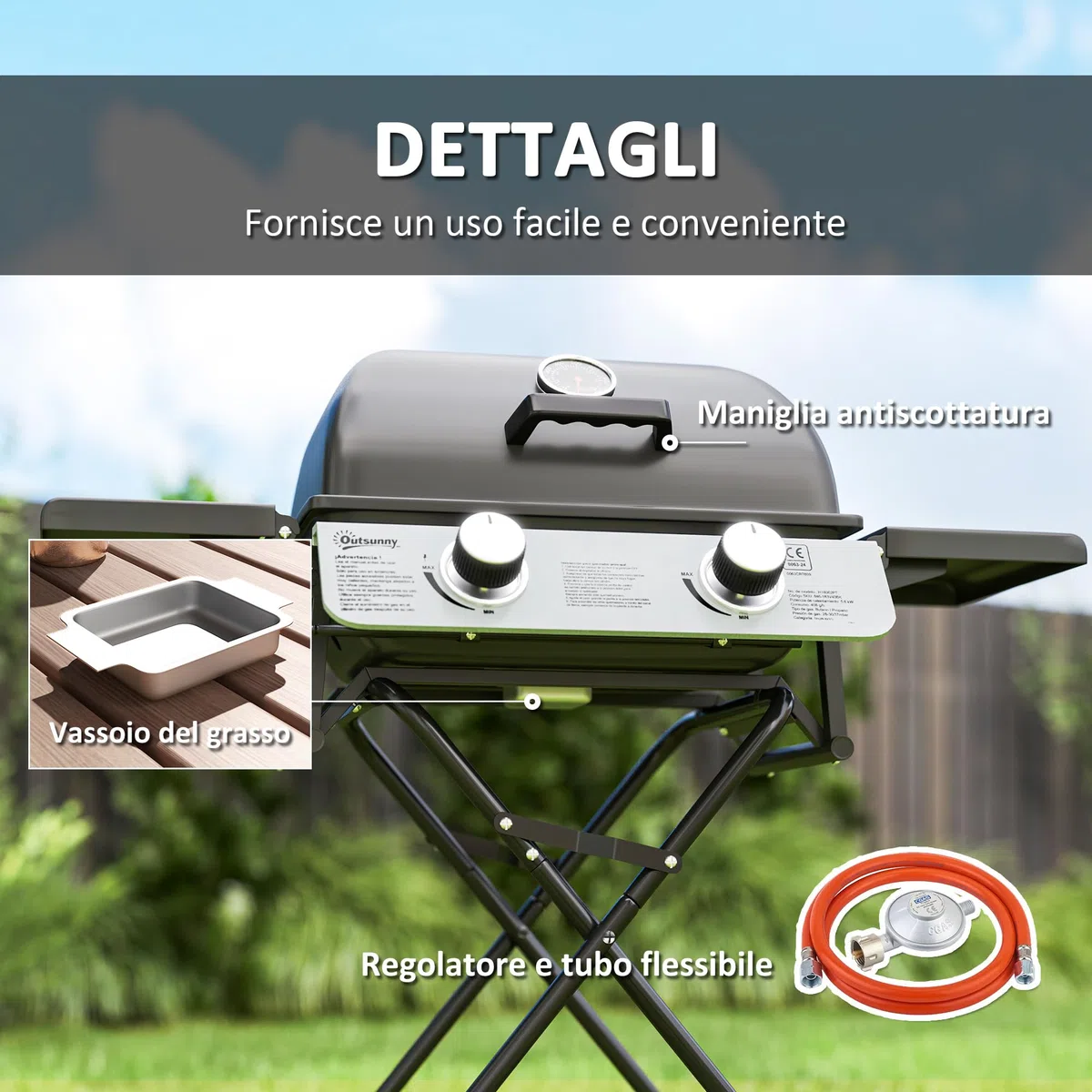 Outsunny Barbecue a Gas in Acciaio, BBQ a Gas a 2 Bruciatori da 2.8 KW con Coperchio, Termometro, Ruote, Griglie, Tavolino Laterale e Vaschetta Raccogli Grasso, Regolatore, Nero