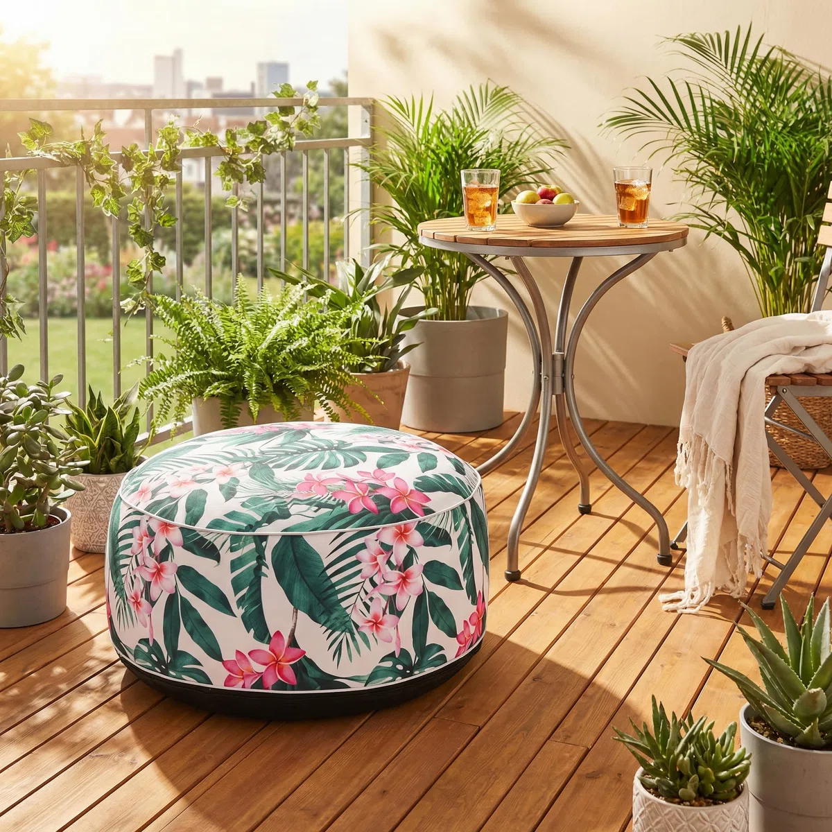 MIJOMA Pouf gonfiabile Ø 55 x 25 cm - Leaves with Flower - Poggiapiedi leggero per soggiorno e balcone - Impermeabile - Pouf e poggiapiedi