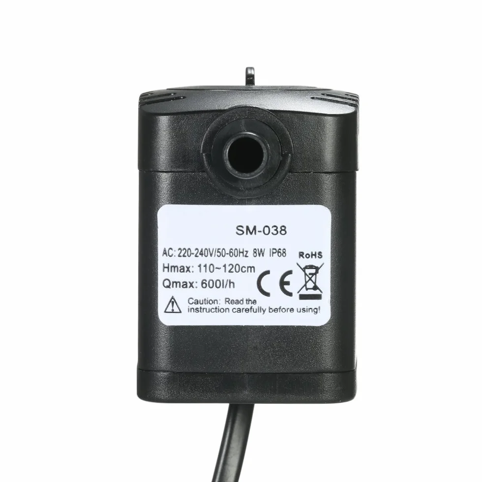 Decdeal Pompa acqua sommergibile, 600 l/h 8 W, pompa acqua acquario ultra silenziosa con 4 piedi di ventose per fontane pesce serbatoio idroponico Systems con 2 ugelli
