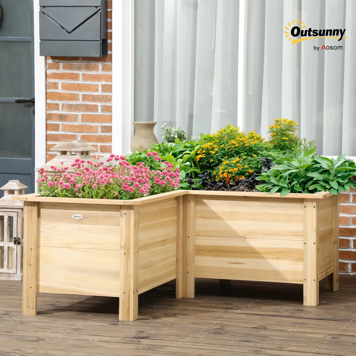 Outsunny Fioriera rialzata in legno a forma di L con tessuto non tessuto vaso esterno orto urbano per colture di piante e fiori per terrazza giardino 120 x 120 x 50 cm naturale
