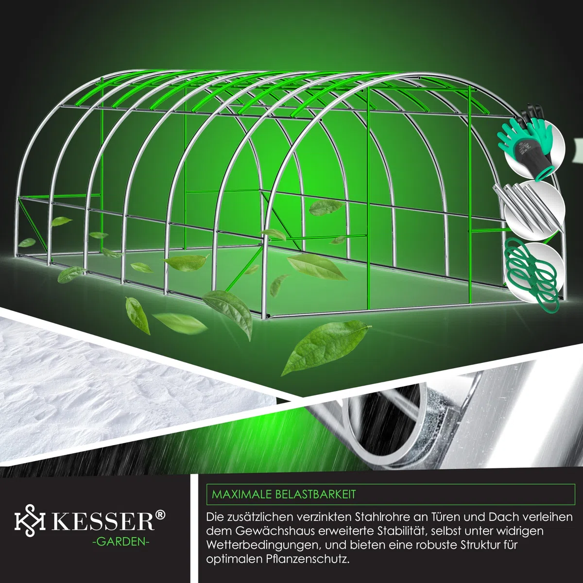 KESSER® Serra stabile con 12 finestre con zanzariera e porta, tunnel da giardino con telaio in acciaio zincato, 170 g/m², con guanti e corde, 600 x 300 cm, verde