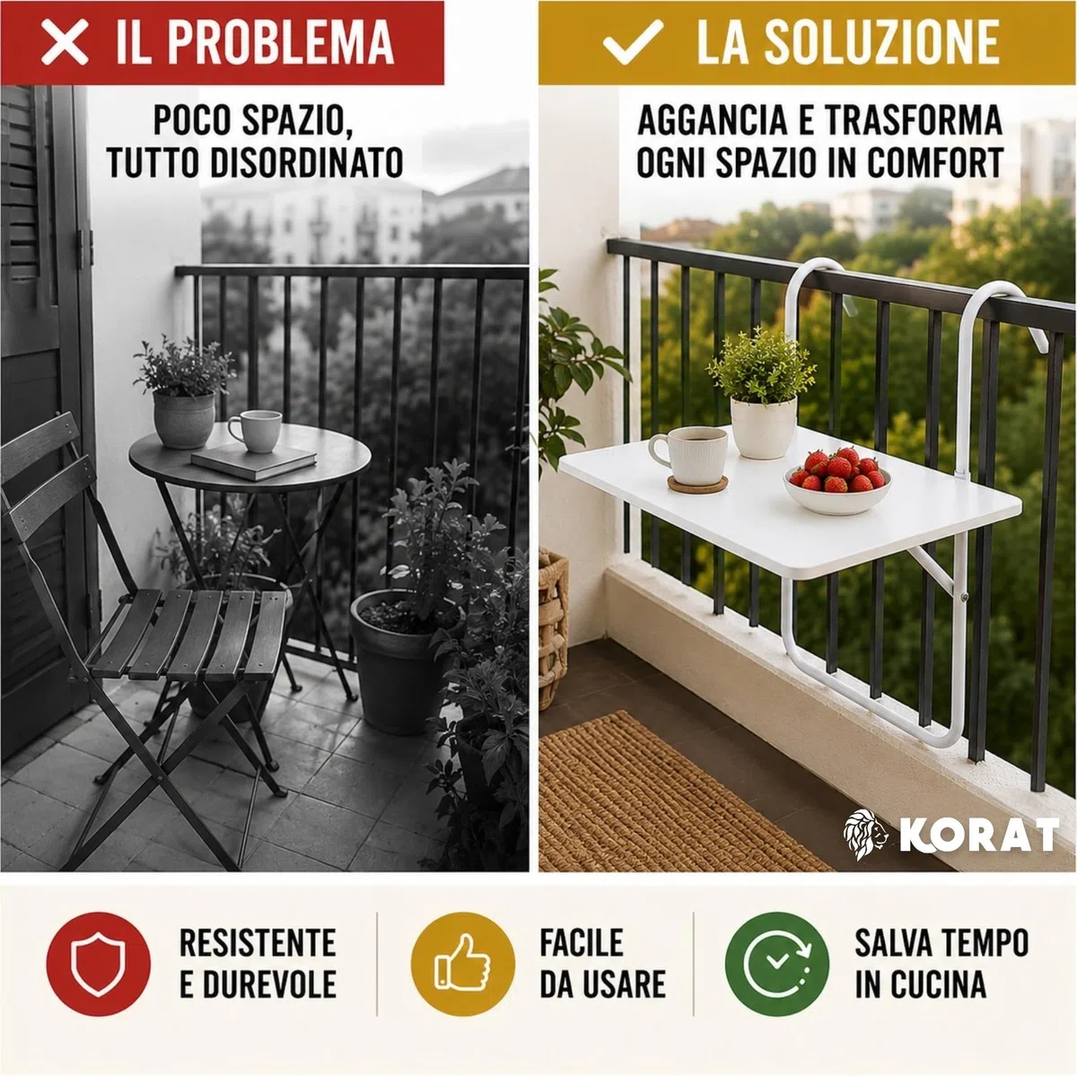KORAT - Tavolo da Balcone Sospeso 60x40 cm, Tavolino Pieghevole da Ringhiera con Ganci Regolabili fino a 15 cm, Portata 15 kg, Tavolo Salvaspazio per Balcone, Terrazzo e Giardino