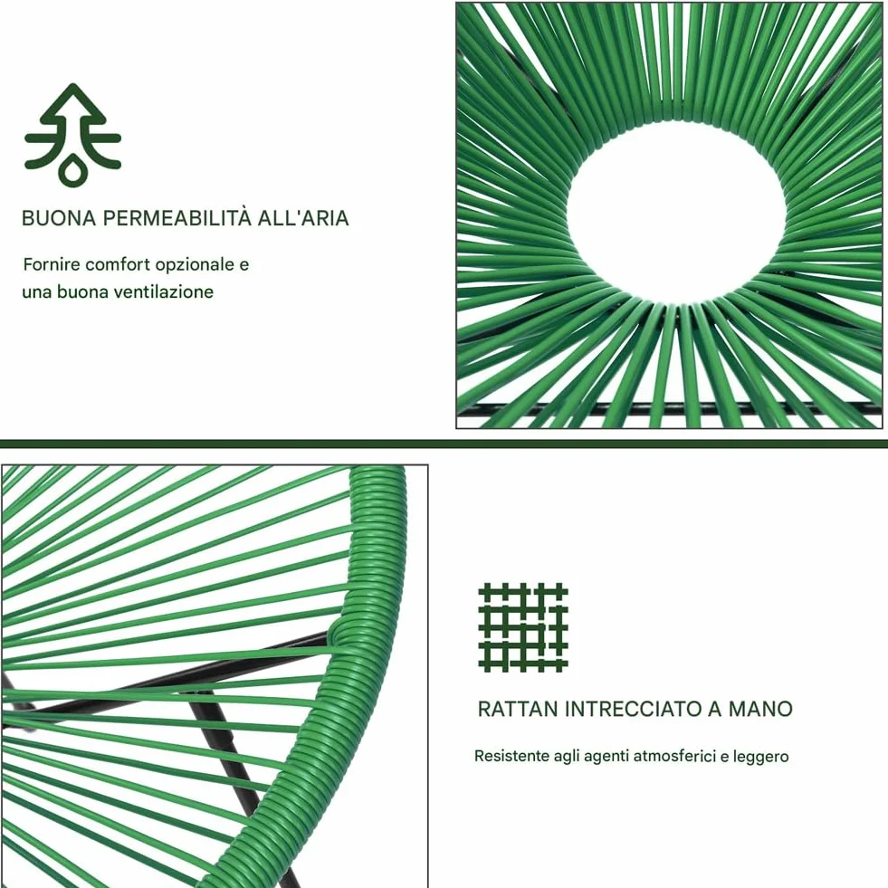 BAKAJI Set da Giardino in Polyrattan con 2 Sedie e 1 Tavolino, Design Intrecciato, Salotto da Conversazione per Esterni, Salottino Ideale per Patio, Balcone, Ristorante, Bar (Verde)