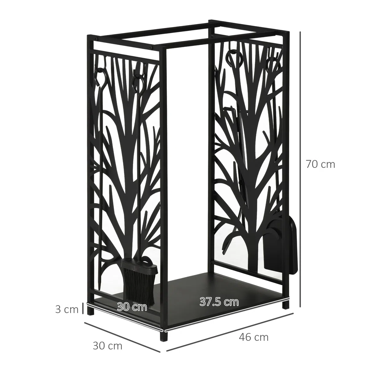 HOMCOM Potalegna per Camino in Acciaio e Antiruggine, Porta Legna per Interni ed Esterni con Design Elegante e 4 Attrezzi, 46x30x70 cm, Nero