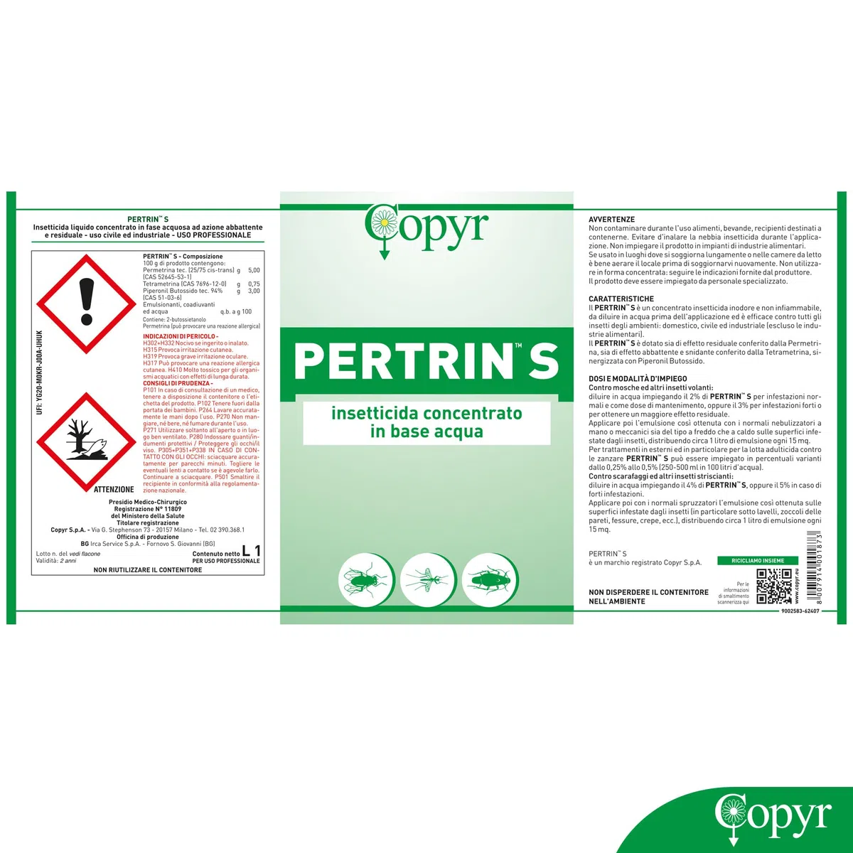 Copyr Pertrin S - Insetticida Antizanzare, Mosche, Scarafaggi, Blatte, Insetti Striscianti, Volanti - Repellente Zanzare Liquido, Uso Professionale e Domestico, Effetto Abbattente Snidante, Flacone 1L