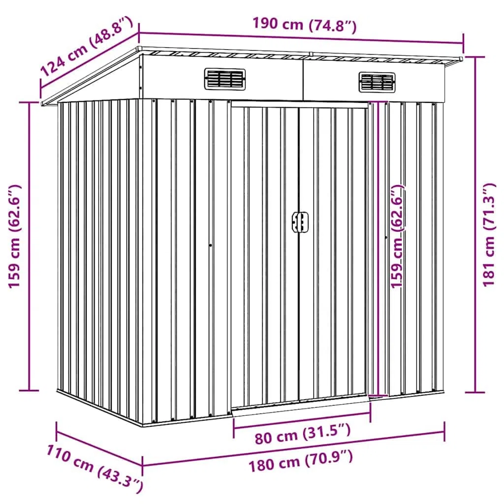 vidaXL Capanno per Attrezzi da Giardino Ventilato Ingresso a Scorrimento Robusto Casetta da Esterno Magazzino Marrone 194x121x181 cm in Acciaio