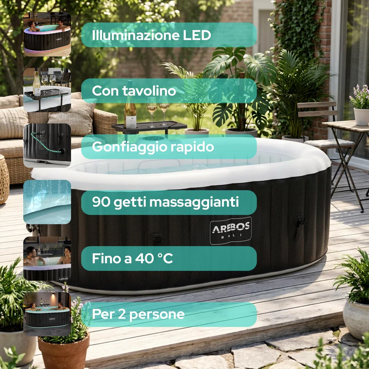 Arebos Vasca idromassaggio con illuminazione a LED | Gonfiabile | Indoor & Outdoor | 190x120 cm ovale | 2 persone | 90 getti di massaggio | con riscaldamento | 550 litri | Incl. copertura | Bubble Spa