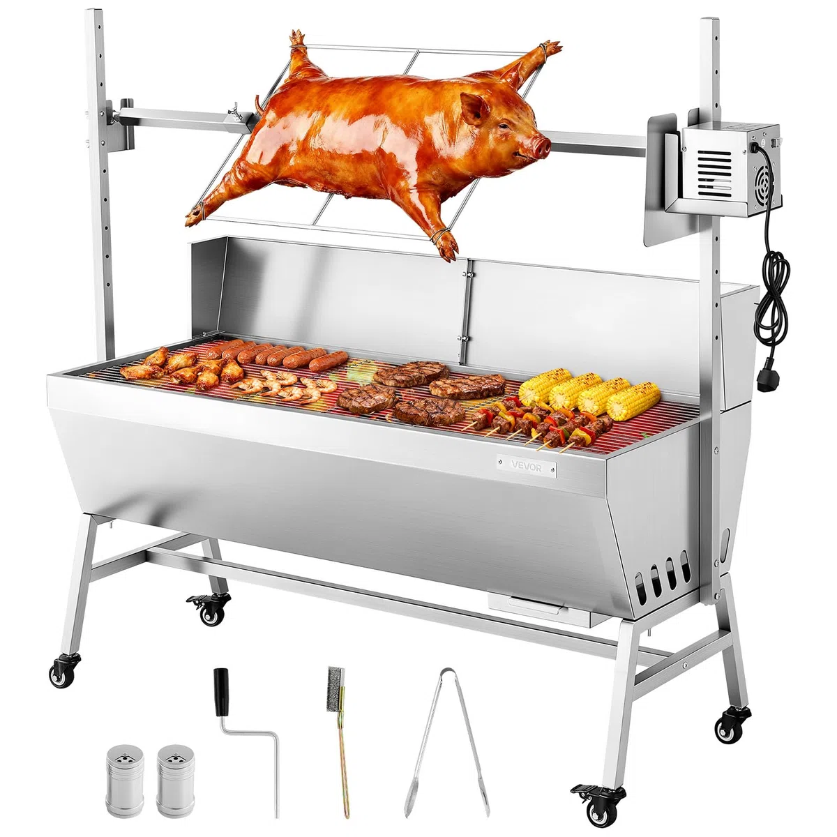 VEVOR Griglia per Maialino Griglia a Carbone, Lunghezza 1218 mm 38 W con Carico di 60 kg e Ruote e Regolazione dell'Altezza a 4 e Vie Copertura Protettiva, in Acciaio Inossidabile per Campeggio