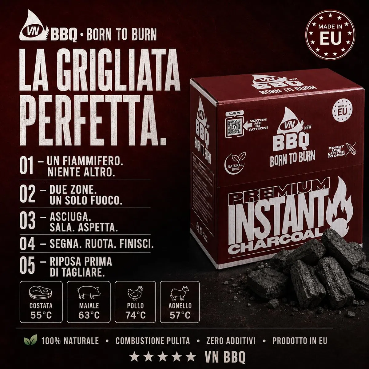 Carbonella Per Barbecue Qualità Ristorazione | 3kg Brace pronto in 10–15 min | Durata 4 Ore | carbone vegetale senza fumo senza odore