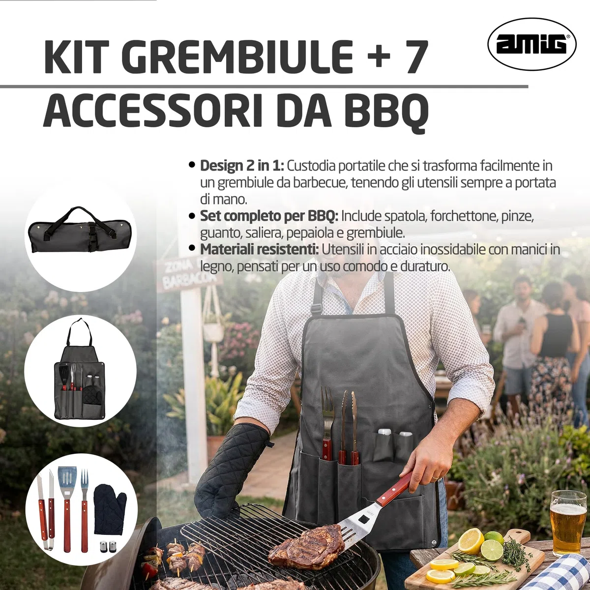 Amig - Grembiule barbecue con 7 accessori - Acciaio inossidabile - Set utensili BBQ - Con tasche - Accessori pratici e presentazione curata per regalo - Mod. AM17